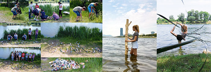 a group of people standing next to a body of water