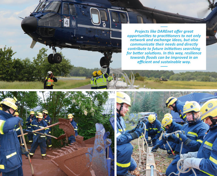 a group of people standing around a helicopter