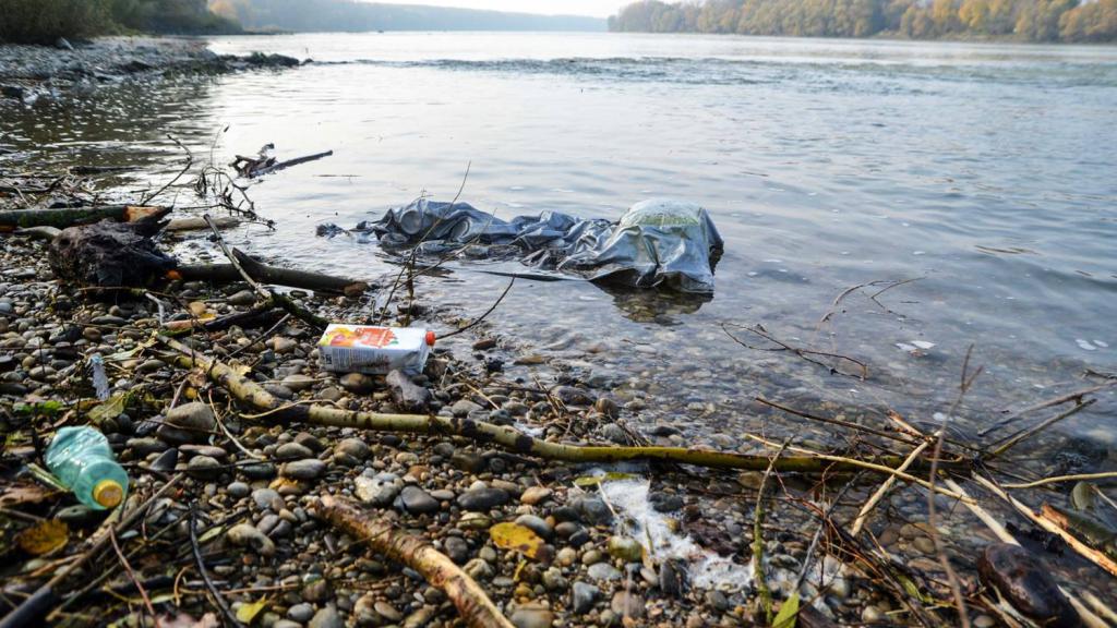 Plastic litter at a riverbank of the Danube, including plastic bottles and other plastic waste