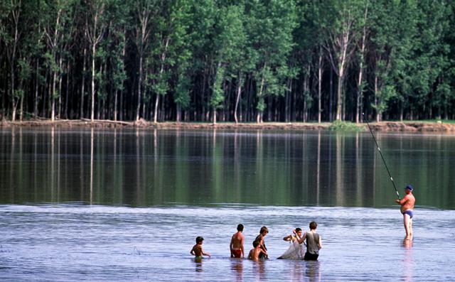 a group of people standing in a body of water