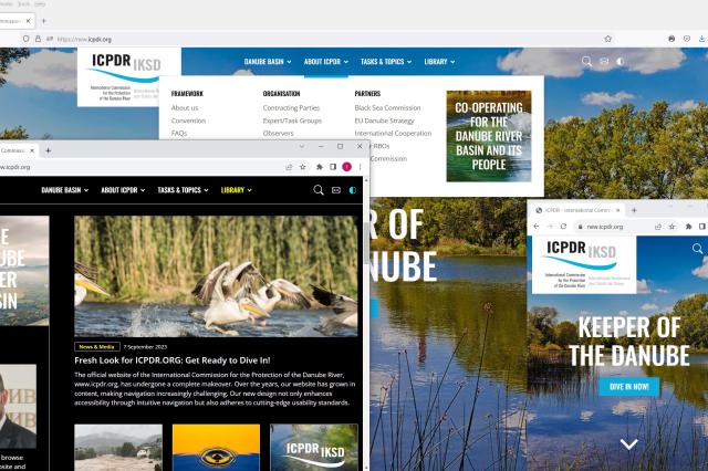 Collage of the new ICPDR.org website on large and small screen and high-contrast mode